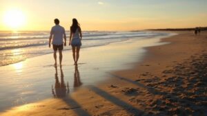 Una pareja de vacaciones en una playa.