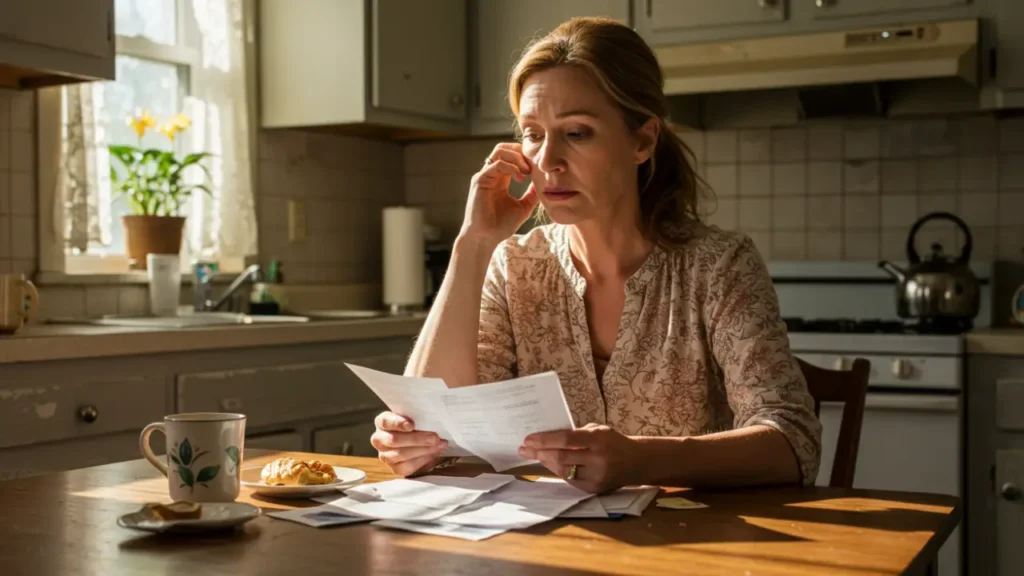 Mujer que espera recibir su pensión, revisando cuentas.