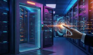 Una mano interactúa con una sofisticada interfaz de seguridad holográfica dentro de un centro de datos futurista, ilustrando el control de acceso avanzado y la autenticación digital. La imagen simboliza la protección de infraestructuras críticas mediante tecnologías de ciberseguridad de última generación y vigilancia constante.