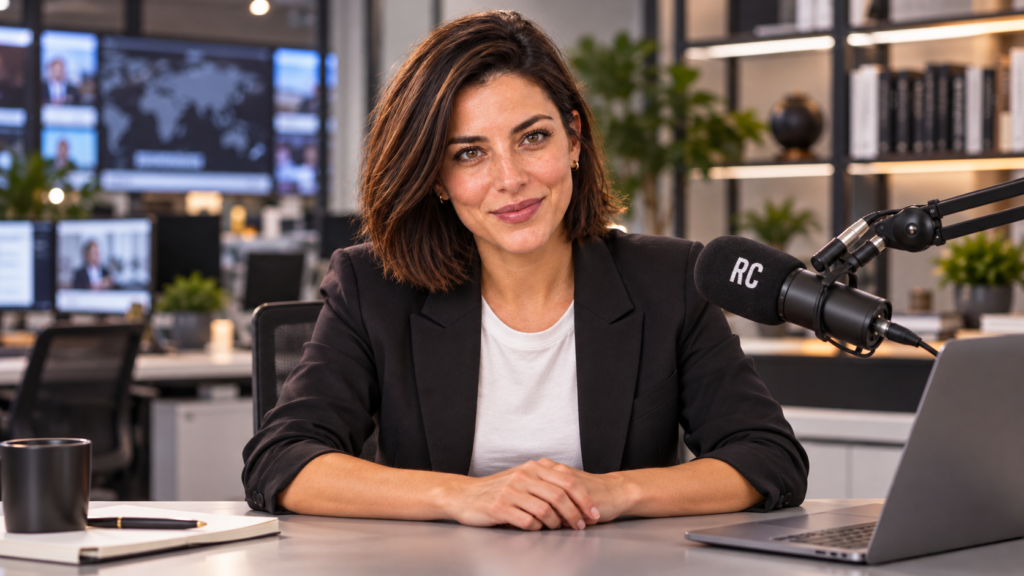 SofIA Trespalacios, personaje creado con IA, con chaqueta negra en una redacción virtual junto al micrófono RC.