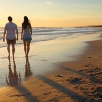 Una pareja de vacaciones en una playa.