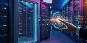 Una mano interactúa con una sofisticada interfaz de seguridad holográfica dentro de un centro de datos futurista, ilustrando el control de acceso avanzado y la autenticación digital. La imagen simboliza la protección de infraestructuras críticas mediante tecnologías de ciberseguridad de última generación y vigilancia constante.