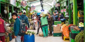 Comerciantes y compradores en la Plaza de Mercado Paloquemao en Bogotá, fotografía de Mussi Katz de septiembre de 2022