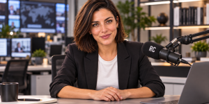 SofIA Trespalacios, personaje creado con IA, con chaqueta negra en una redacción virtual junto al micrófono RC.